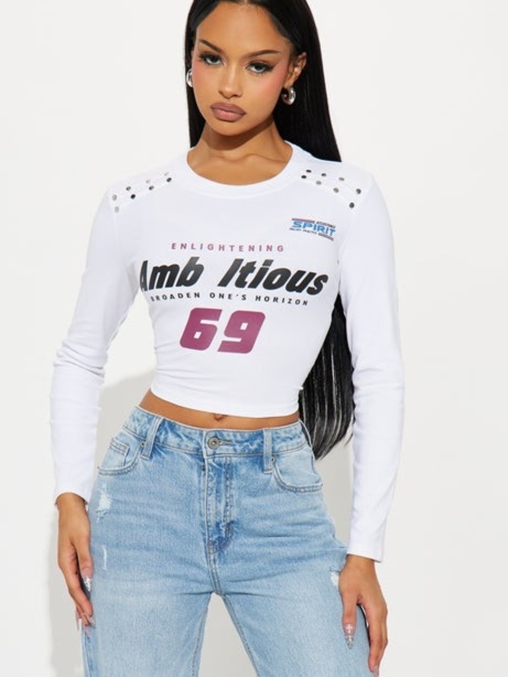 Fashion Nova White Long Sleeve Graphic Crop Top with Stud Details